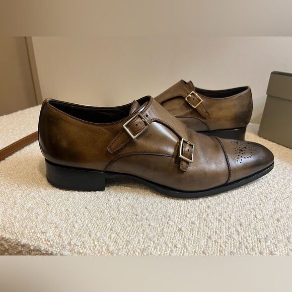 Tom Ford mens Brown Leather Double Monk Oxfords with Brogue Detailing size 13 - Picture 6 of 16